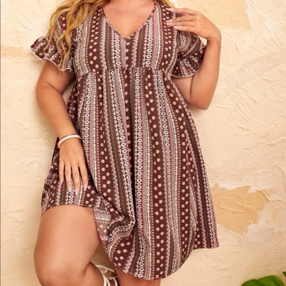 Boho Plus Size Floral Stripe Ruffle Sleeve Mini Dress - Picture 3 of 11